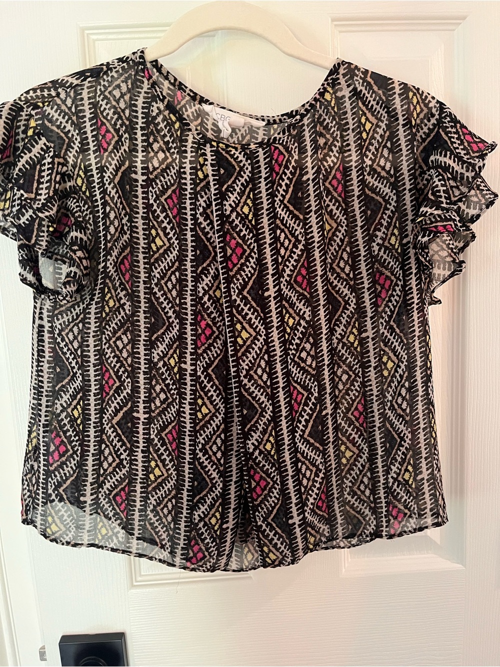 BCBGeneration Sheer Geometric Print Blouse in Black with Pink & Yellow Accents